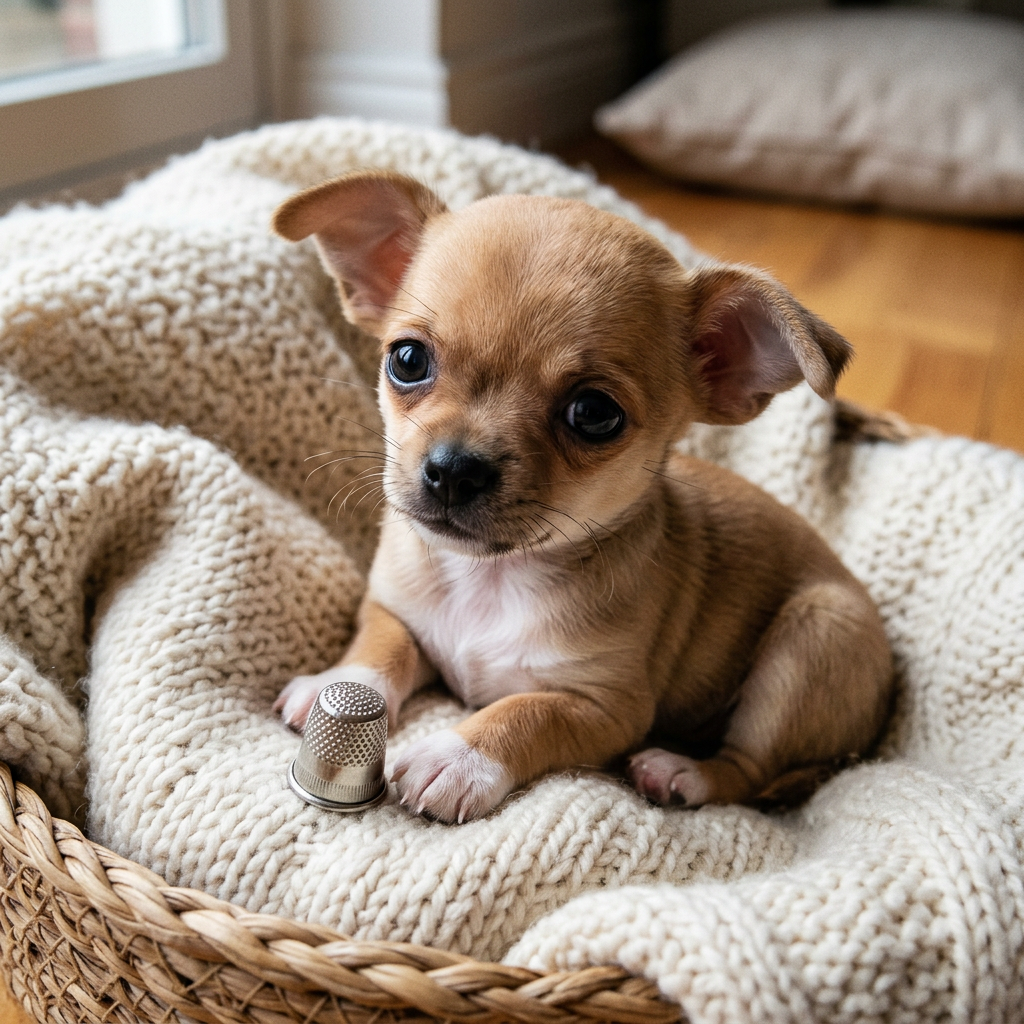 Small tan puppy lying on cream knitted blanket with metal thimble